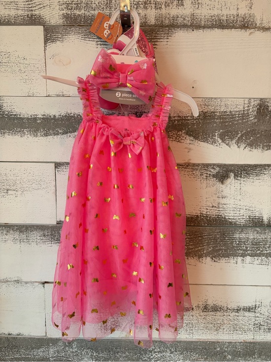 Baby Starters Other - Pink Tulle Dress with Gold Accent Bow Headband - 2 Piece Set + Matching Shoes